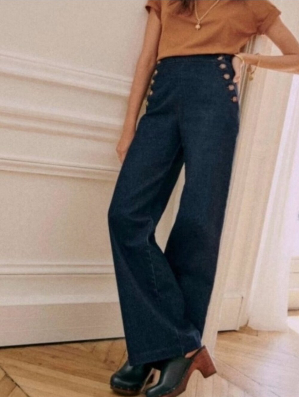 Sezane High-Rise Dark Wash Wide-Leg Jeans with Button Detail Size 38